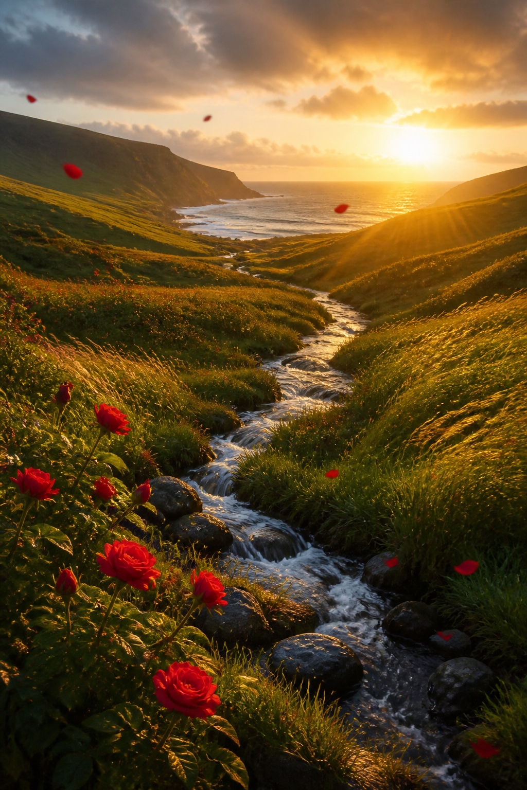 Un ruscello attraversa una valle irlandese verde e dorata verso l’Atlantico, fra rose rosse e luce dell’alba