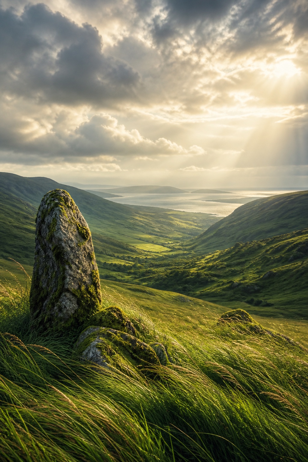 Una valle irlandese verde e luminosa con una pietra antica e il mare in lontananza