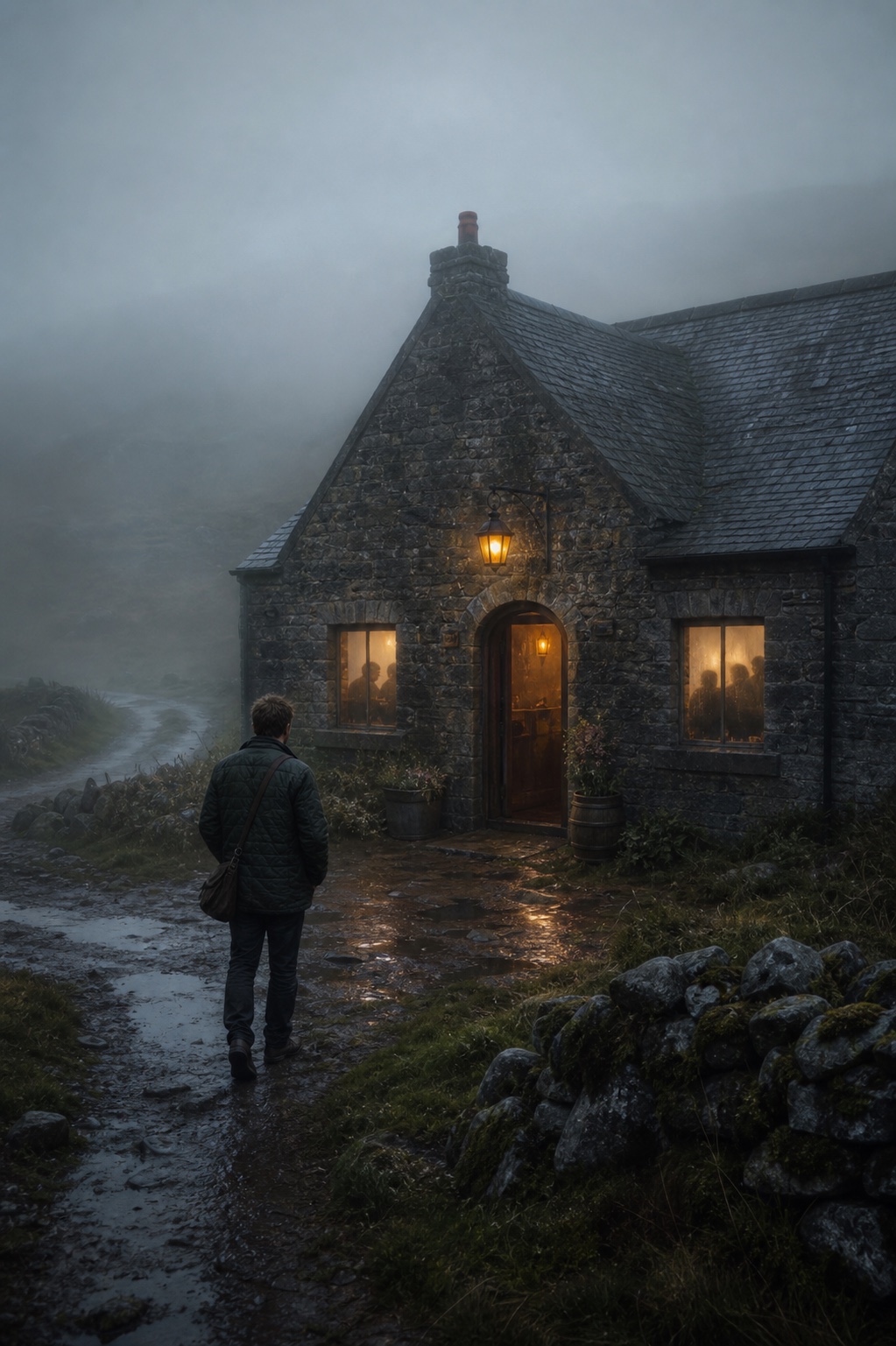 Un viaggiatore si avvicina a un pub di pietra illuminato nella nebbia del Connemara