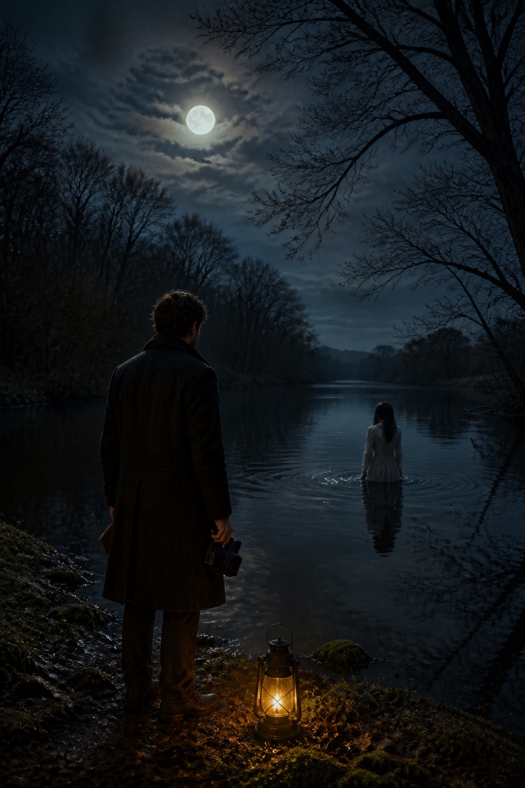 Un giornalista osserva una donna nelle acque del fiume Shannon illuminate dalla luna