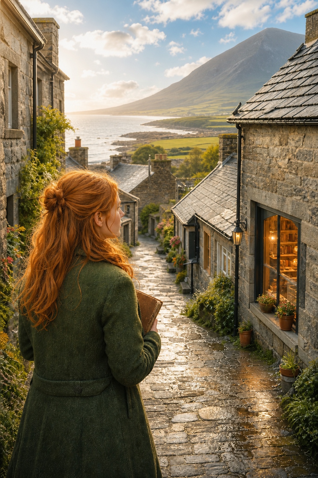 Una donna dai capelli ramati tiene un taccuino lungo una strada di pietra di Murrisk, davanti al mare e a Croagh Patrick