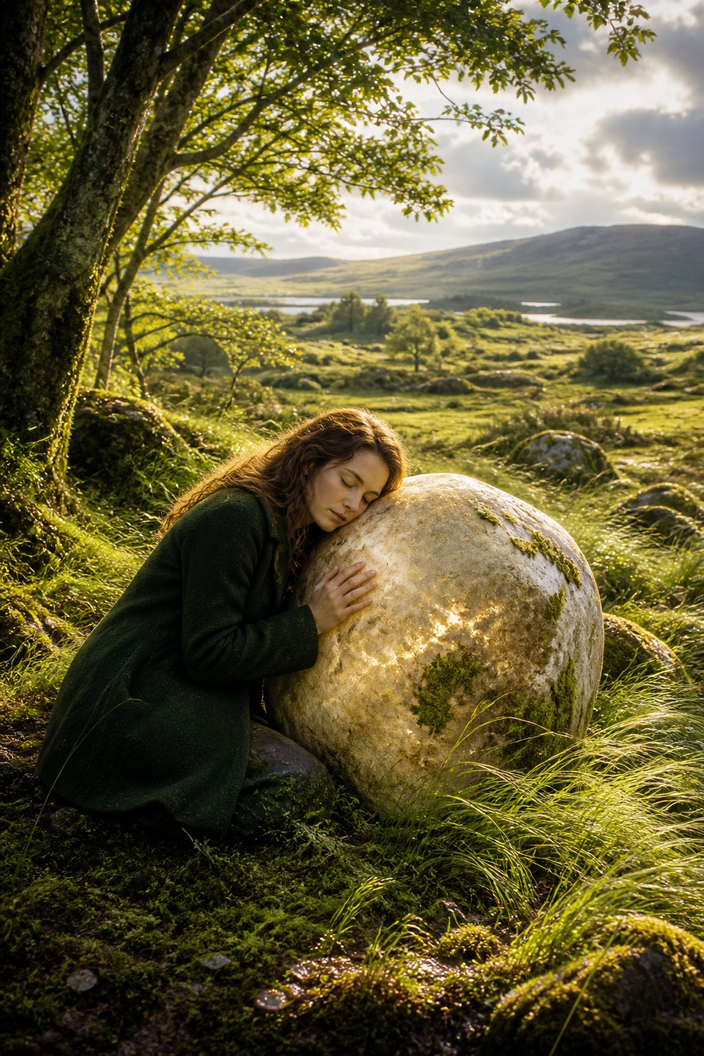 Una giovane donna dai capelli ramati riposa accanto a una grande pietra chiara in un paesaggio verde del Connemara illuminato dal sole