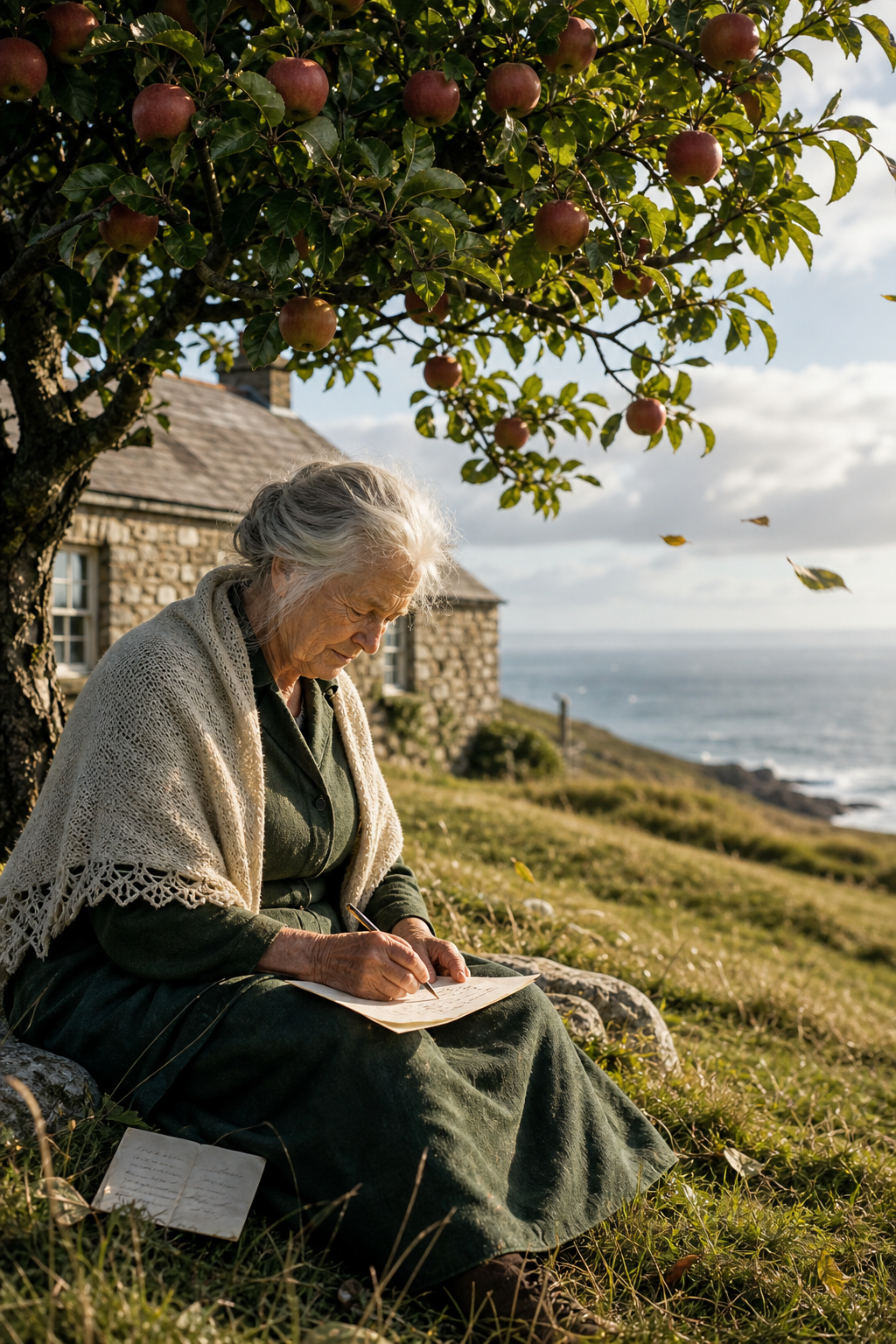 Un’anziana donna irlandese scrive sotto un melo su una collina luminosa affacciata sull’Atlantico