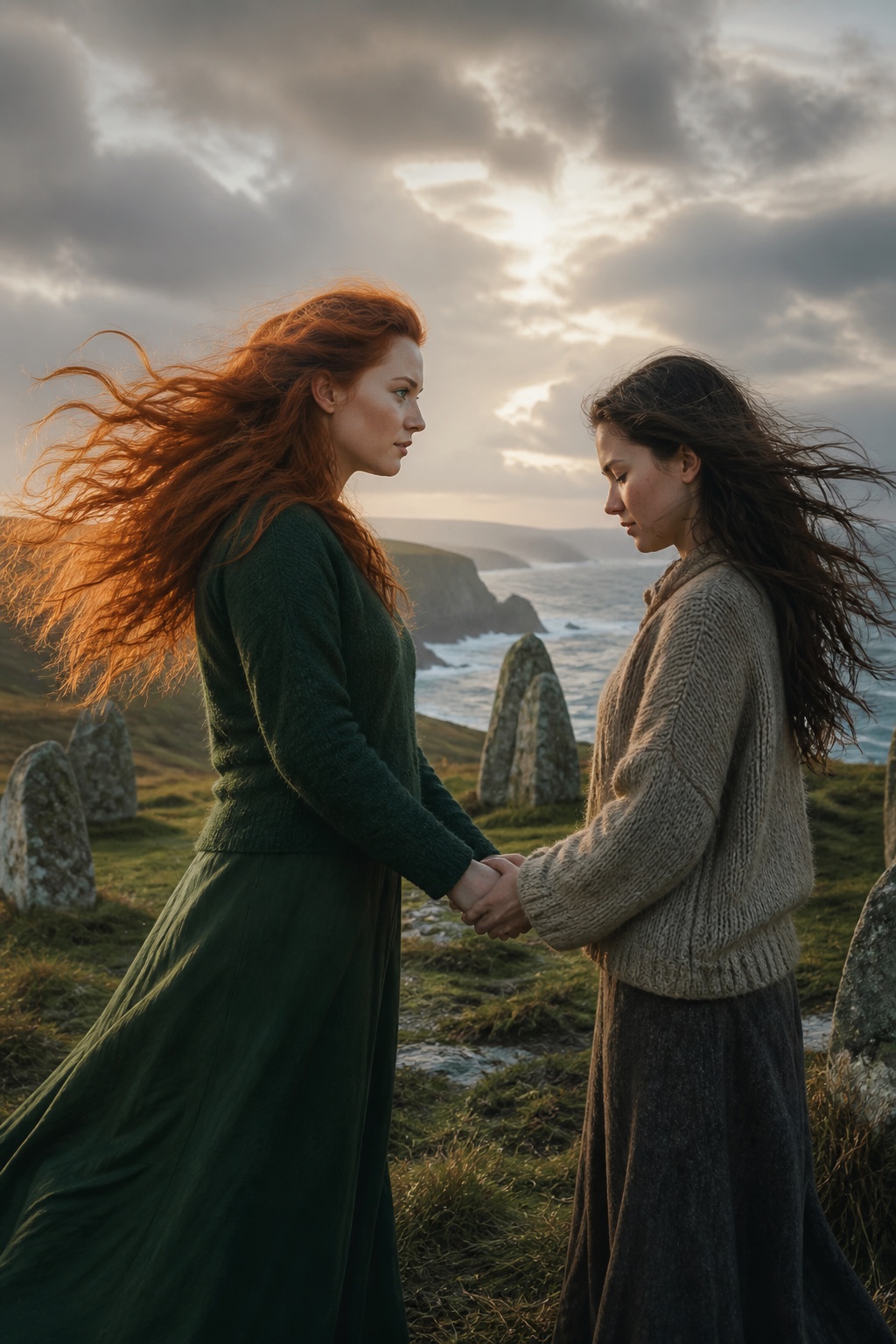 Due donne si tengono le mani in un cerchio di pietre sulle scogliere irlandesi