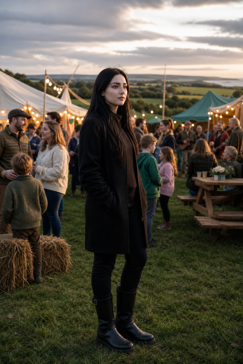 Una giovane donna vestita di nero osserva una luminosa festa di comunità nella campagna vicino a Galway